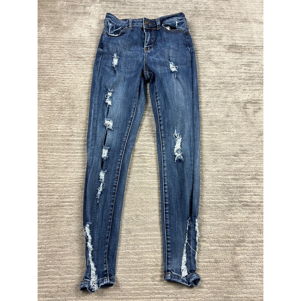 rue21 Jegging Womens 4 Blue High Rise Distressed Ripped Skinny Frayed Split Hem